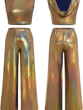 Gold Metallic Holographic Crop Top Wide Leg Pants Set NWT Size M